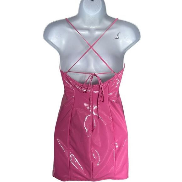Oh Polly Pink Glossy Mini Dress with Crisscross Back Size 4 - Picture 4 of 9